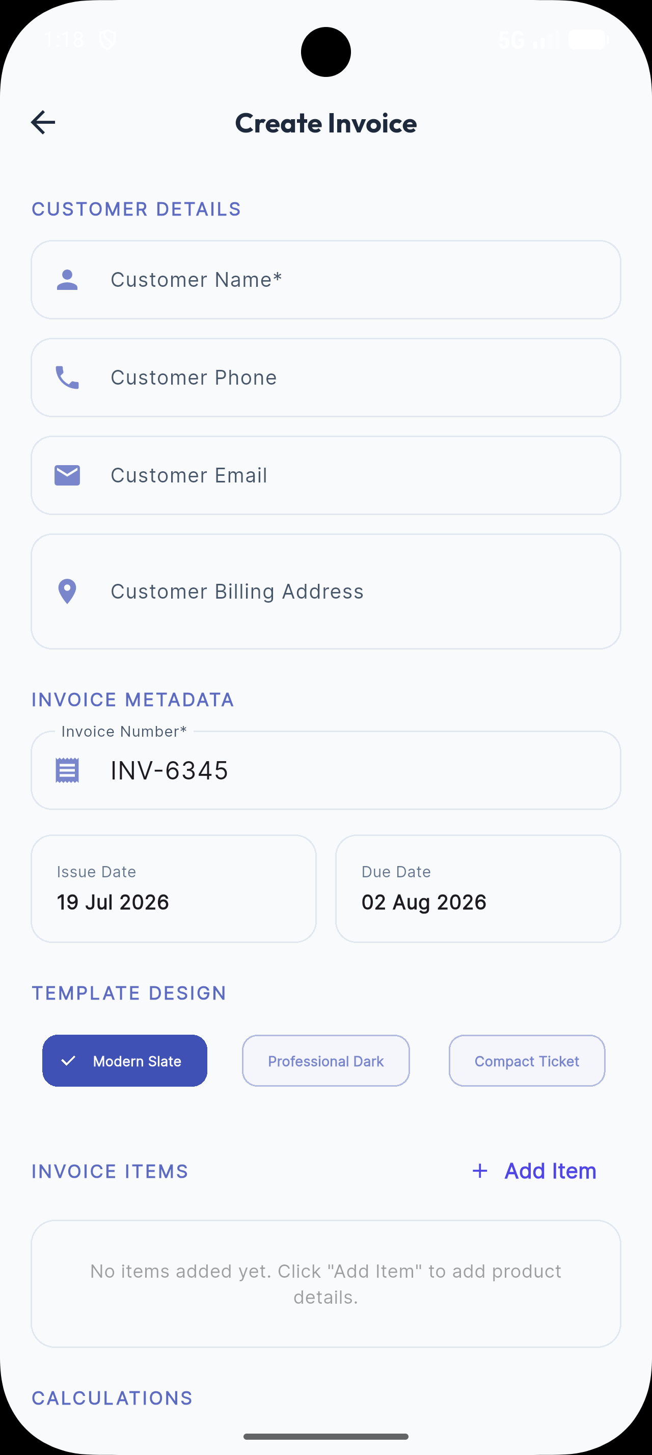 Create Invoice Screen